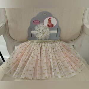 🦢 Baby 3~12 Month Pale Pink & Gold Polka Dotted Tutu & Hair Bow Set NWT